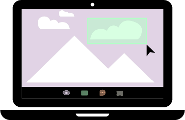 A laptop displaying a UI with simple graphics of mountains and clouds. A mouse cursor hovers over a mint-highlighted rectangle representing a 'hotspot', indicating the user is about to link that area to another slide in the Cuibo cloud presentation tool.