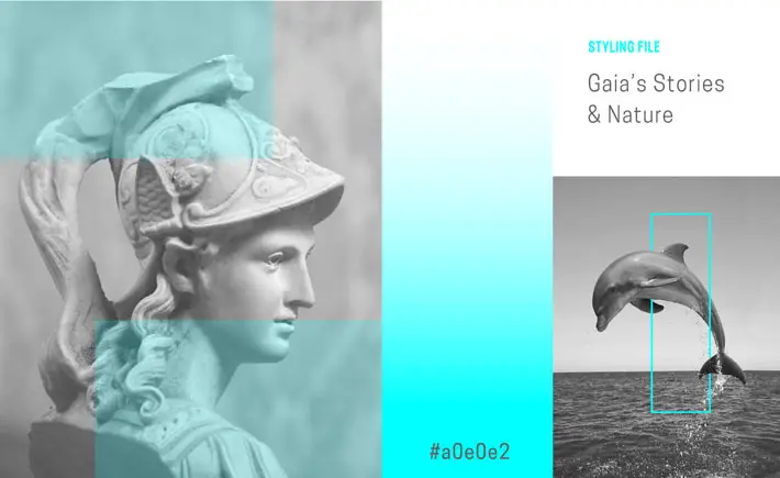 Styling guide titled 'Gaia’s Stories & Nature' featuring a statue and dolphin imagery, with color code #a0e0e2.