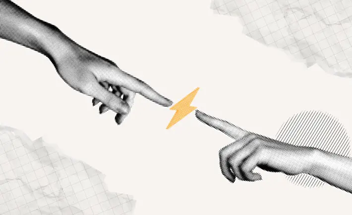 Illustration of two hands reaching towards each other with a lightning bolt between them, symbolizing connection and power of collaboration