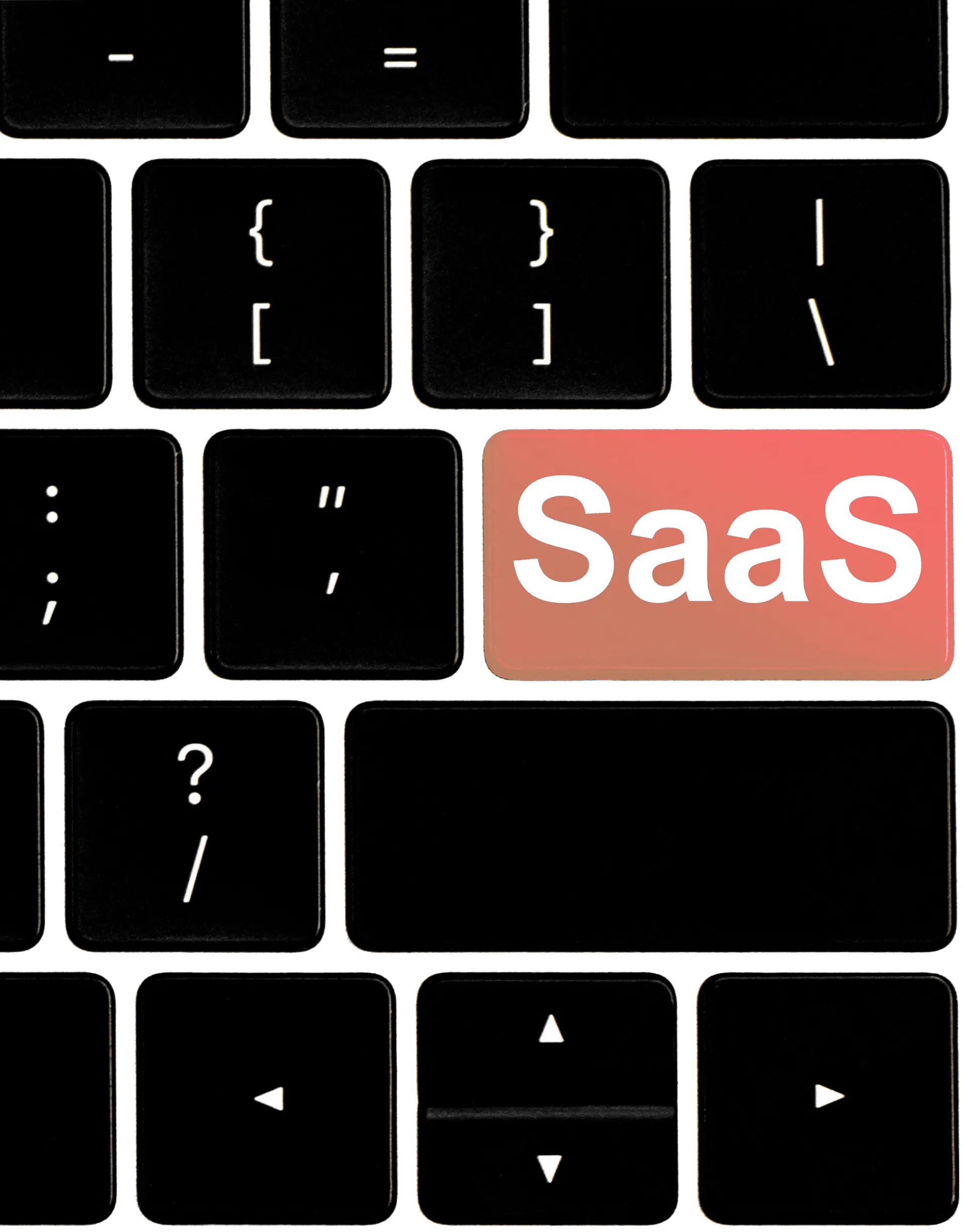 Close-up of a keyboard with the enter key labeled "SaaS" in a distinct color, representing the Frontend services Cuibo offers.