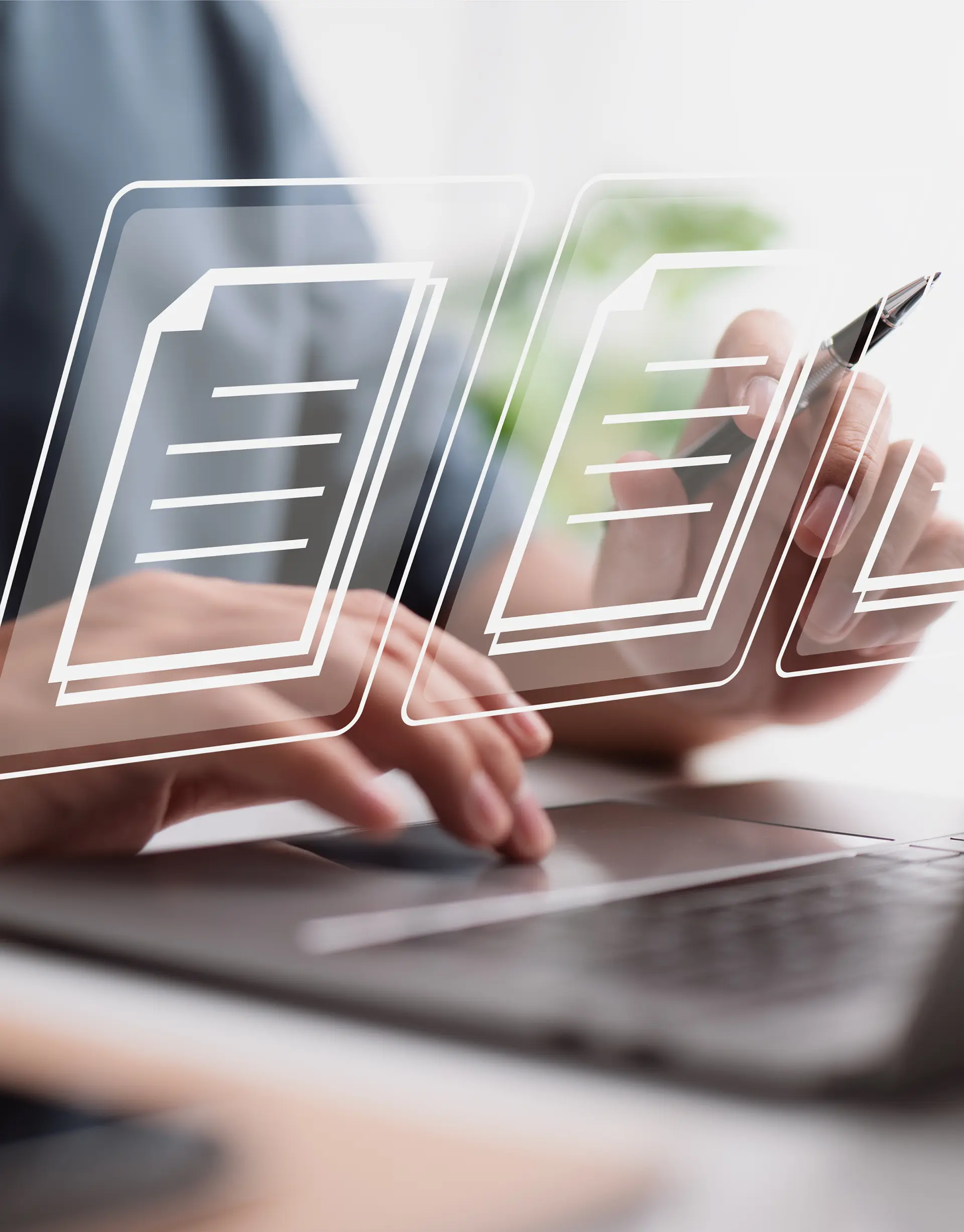 Person working on a laptop with layered digital document icons, representing documentation services provided by Cuibo